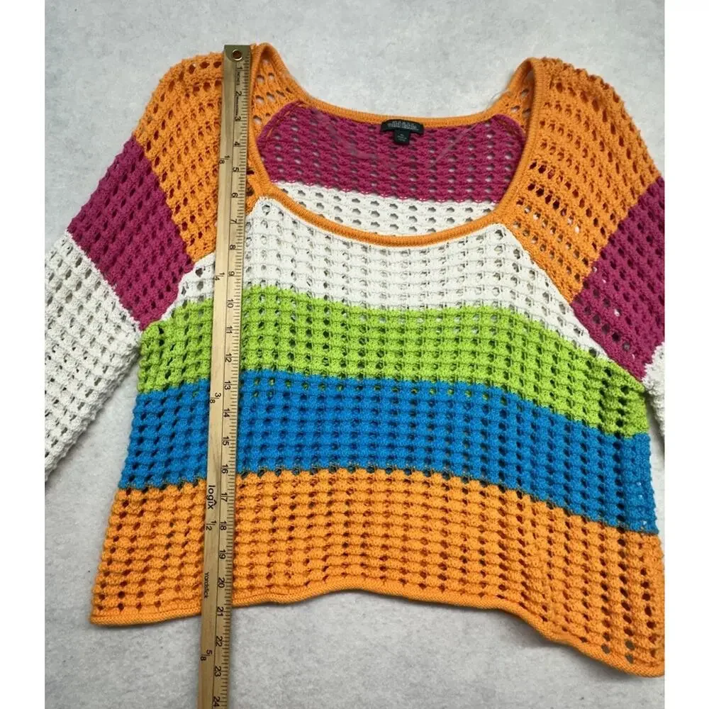 Wild Fable Crochet Y2K Sweater Size XL Open Knit Weave Cotton Striped Bright